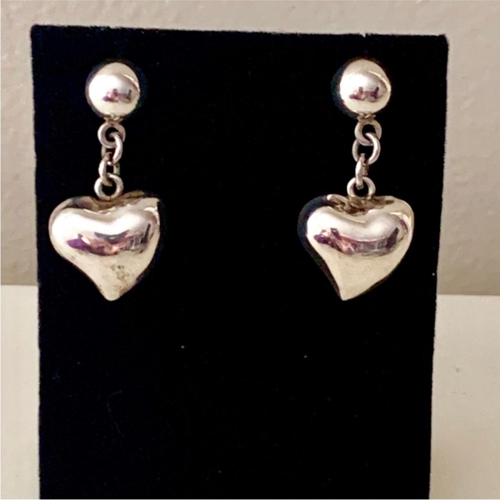 Vintage Solid Sterling Silver Puff Heart Earrings - image 5